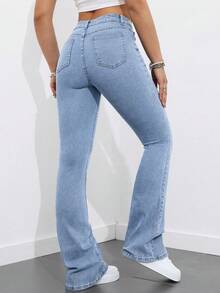 SHEIN PETITE 休闲水洗修身喇叭牛仔裤 - 淺色水洗藍 - 查看 2