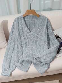Franclia Sweater Pullover Rajut Tebal Leher V dengan Desain Longgar, Lembut, dan Manis Warna Pink Baru untuk Wanita, Serbaguna untuk Musim Gugur/Dingin - Light Grey - View 6