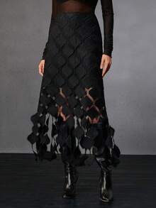 Anewsta 女款新款黑色爱心蕾丝流苏裙优雅欧美街头风适合冬季 - 黑色 - 查看 3
