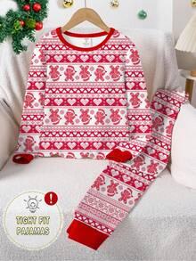 Tween Girls Pixel Heart + Gingerbread Print Colorblock Snug Fit Pajama Set, Long Sleeve Top And Pants, Spring/Autumn - Red - View 4