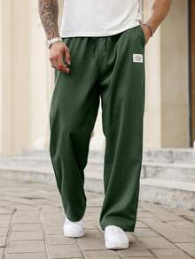 Manfinity Homme Plus Size Men Casual Versatile Letter Patched Pants, Fall - Dark Green - View 4