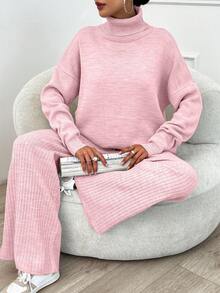 EURMUSE High Neck Drop Shoulder Sweater & Ribbed Pant Set - Baby Pink - View 1
