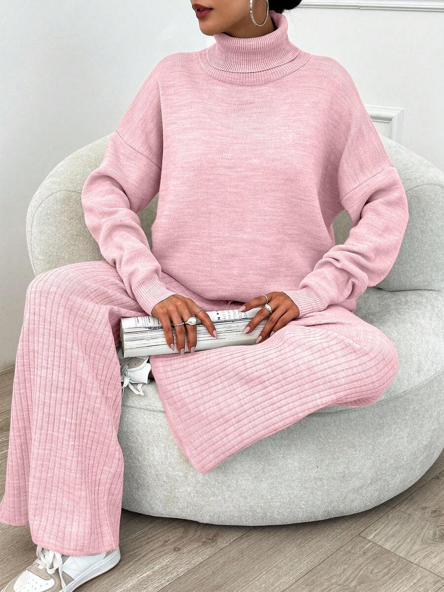 EURMUSE High Neck Drop Shoulder Sweater & Ribbed Pant Set - Baby Pink - View 1