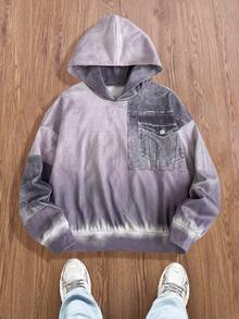 Manfinity VCAY Áo nỉ nam in họa tiết denim giả, ấm áp, có mũ trùm đầu, thường ngày, dành cho mùa thu đông - Xám - Xem 1