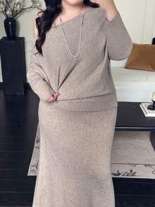 Vibekara 秋冬休闲露肩不对称蝙蝠袖针织毛衣和裙子套装 - 卡其色 - 查看 7