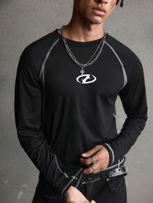 AXEPEAK 男士几何印花圆领插肩长袖休闲T恤，秋季款 - 黑色 - 查看 5