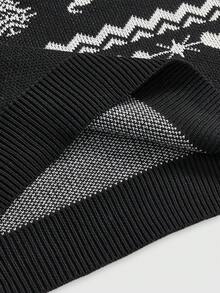 ROMWE Kawaii Christmas Cute Off Shoulder Dropped Shoulder Snowflake & Reindeer Pattern Puff Sleeve Plus Size Sweater - Black - View 3