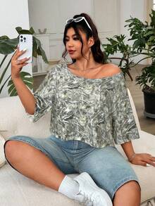 SHEIN EZwear 植物印花休闲宽松大码女式蝙蝠袖T恤 - 彩色 - 查看 4