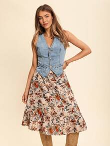 Coeurva Floral Print Ruffle Hem Skirt, For Vacation, Autumn - Multicolor - View 2