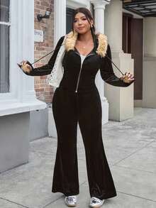 SHEIN EZwear Plus Size Casual Hooded Sweatshirt And Pants Two Pieces Set, Autumn,Fall /Autumn/Winter,Christmas,New Year,Thanksgiving,Party,Wedding,Beach,Elegant,Casual,Going Out,Date,Appointment,Commute