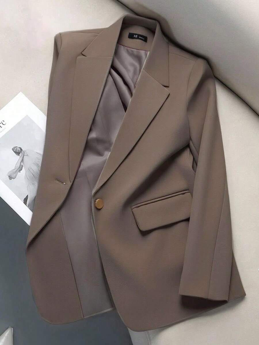 SHEIN LUNE 女士休闲露背口袋西装外套，摩卡棕色和紫色棕色西装外套女士女士西装外套棕色夹克女士秋冬西装外套 - 摩卡棕 - 查看 1