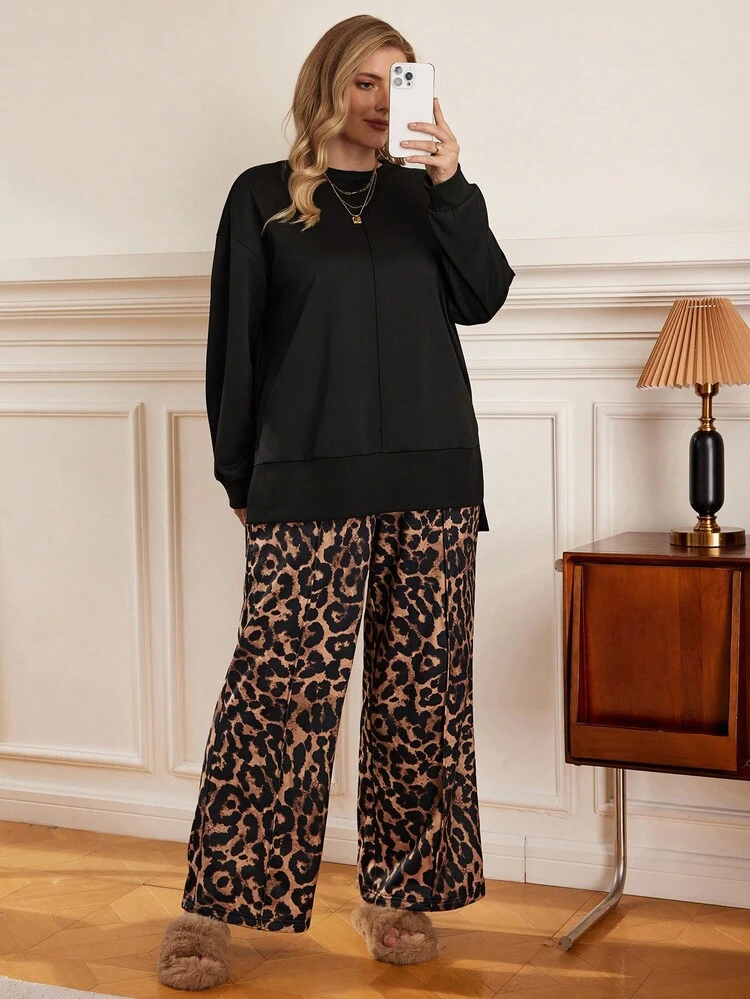 Plus Size Casual Solid Color Side Slit Hoodie & Leopard Print Pants 2 Pieces Set, Autumn Cozy Fall And Winter Clothes For Women New Year Look Maija Fall Winter 2025 Fall/Winter Party Elegant Dress Women