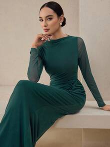 Graceveil 女式不对称领口褶饰腰部鱼尾下摆连衣裙，高端正式礼服，适合秋冬季外出约会 - 墨綠色 - 查看 7