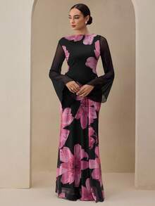 Graceveil 优雅花卉印花网眼泡泡袖连衣裙，浪漫秋冬派对之选 - 黑色 - 查看 3