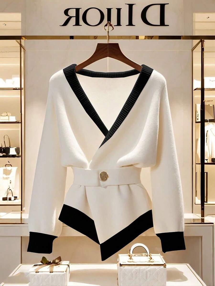 Franclia Nuevo suéter tipo cárdigan minimalista de diseño francés elegante para mujer, otoño/invierno - Blanco y Negro - Ver 1