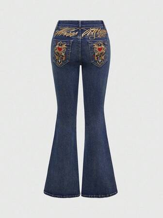 Grunge Punk Jeans évasés pour femmes avec taille basse rétro Y2K, broderie de lettre sexy, cœur et ornements de strass