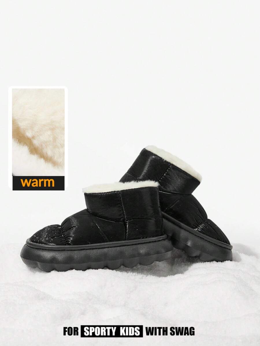 SHEIN 舒适时尚休闲亮面保暖雪地靴,轻便户外儿童靴,冬季 - 黑色 - 查看 1
