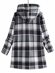 INAWLY 大码连帽拉链格纹印花保暖内衬开衫外套，秋冬 - 黑與白 - 查看 2