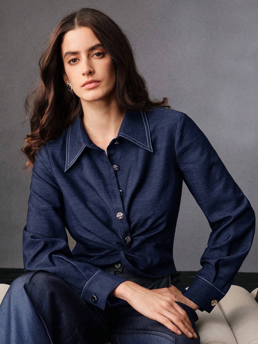 Anewsta 复古优雅办公室/通勤扭结短领长袖牛仔效果衬衫 - 藏蓝色 - 查看 1