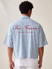 SWAVVY 男士时尚休闲条纹手写文字短袖衬衫，学校 - 淺藍色 - 查看 1