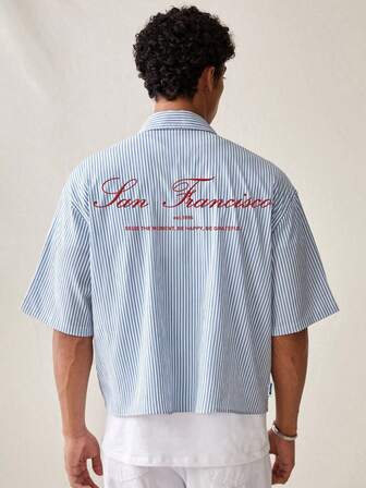 SWAVVY Men's Fashion Casual Striped Handwritten Text Short Sleeve Shirt, School