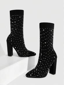 CUCCOO SZL Women's Pointed Toe High Heel Elastic Rhinestone Socks Boots - Black - View 8