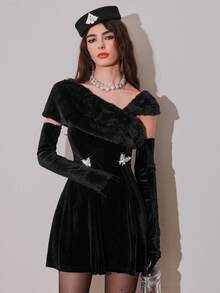 Modelyn Women's Elegant Summer Party Black And Silver Velvet Mini Dress,Faux Fur Asymmetric Collar Rhinestone Butterfly Decor Short Vampire Romwe Dress - Black - View 4