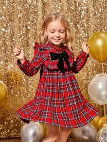 Emery Rose Kids Emery Rose Kids 年轻女孩优雅红色格子拼布蝴蝶结装饰长袖荷叶边下摆宽松连衣裙，适合圣诞节、秋冬季、派对、学校、休闲日常 - 紅色 - 查看 5