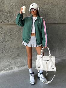 SHEIN 少女秋季撞色丝带蝴蝶结刺绣休闲运动夹克，可爱时尚的运动女孩夹克，适合返校季 - 綠色 - 查看 5