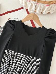 LMoss Kids LMoss Young Girl Knitted Solid Color Plaid Patchwork Casual Dress, Girls' Spring And Autumn French Style Dress, Burgundy Children's Dress, Girls' Long-Sleeved Dress, Girls' Winter Dress, Christmas, Comfortable Autumn And Winter Style, Autumn Comfortable Style, Long-Sleeved Dress, Autumn Dress, Carnival. - Multicolor - View 1