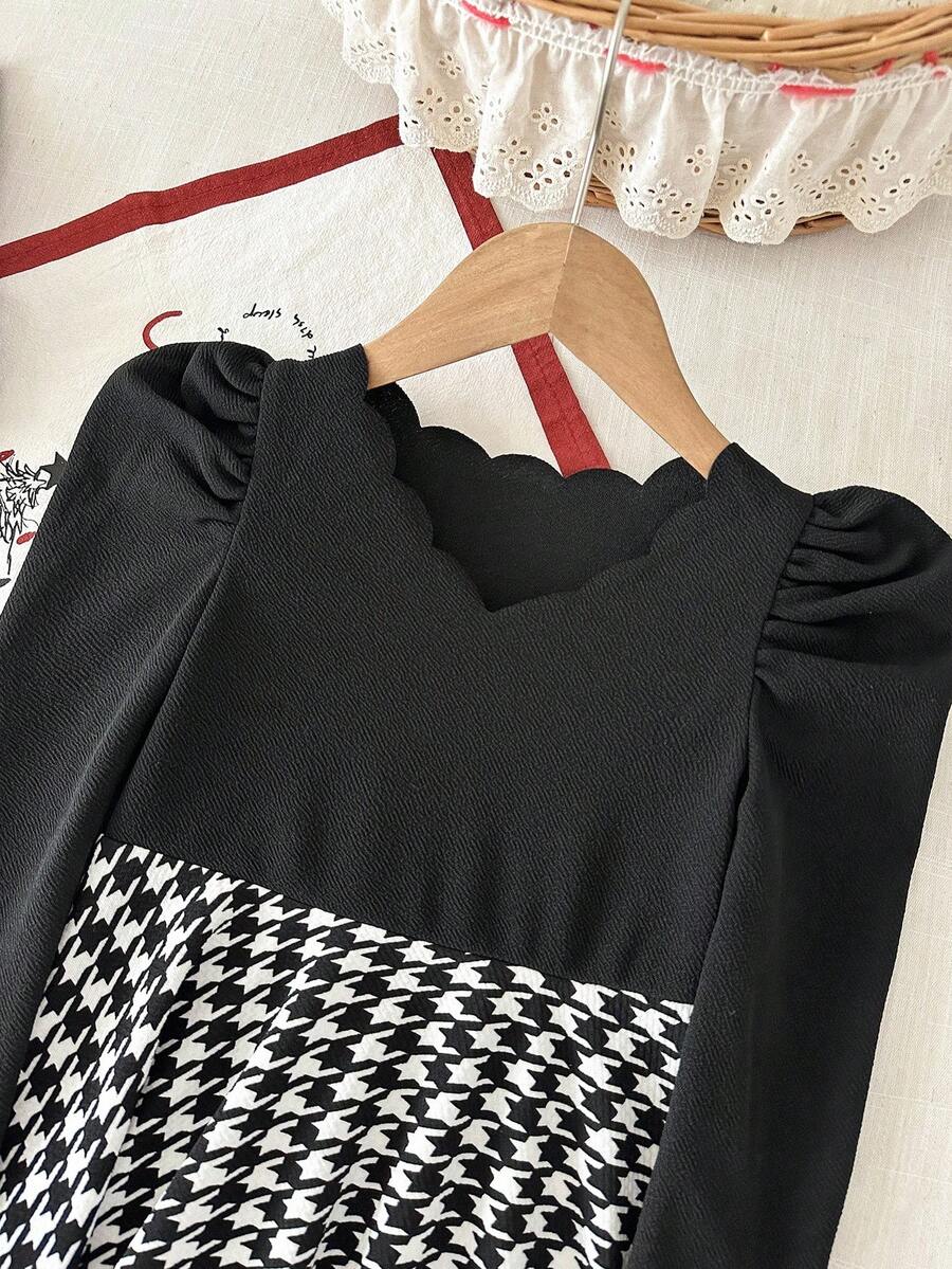 LMoss Kids LMoss Young Girl Knitted Solid Color Plaid Patchwork Casual Dress, Girls' Spring And Autumn French Style Dress, Burgundy Children's Dress, Girls' Long-Sleeved Dress, Girls' Winter Dress, Christmas, Comfortable Autumn And Winter Style, Autumn Comfortable Style, Long-Sleeved Dress, Autumn Dress, Carnival. - Multicolor - View 1