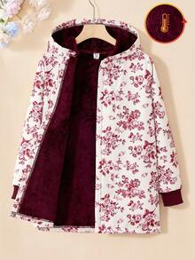 SHEIN Vintaside Kids Girls' Hooded Thickened Fluffy Vintage Floral Mid-Length Jacket, Autumn/Winter - Burgundy - View 3