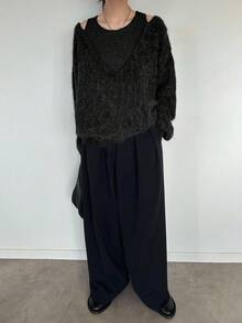 FRIFUL 女士二合一拼接宽松露肩加厚保暖套头衫，秋季 - 黑色 - 查看 5