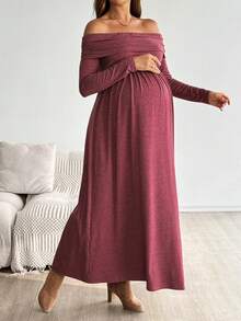 SHEIN Váy trễ vai trơn màu cho bà bầu, mùa thu - Đỏ - Xem 3