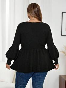 SHEIN CURVE+ Plus-Size Simple Black Long-Sleeved Fitted Waist A-Line Round Neck Sweater For Women In Fall/Winter - Black - View 2
