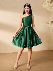 少女优雅腰部串珠下摆连衣裙，适合万圣节、圣诞节、派对、宴会、晚礼服 - 綠色 - 查看 3