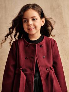 SHEIN Abrigo largo para niñas con diseño de cuello y cinturón de piel de alta gama, color burdeos, para otoño/invierno - Burdeos - Ver 5