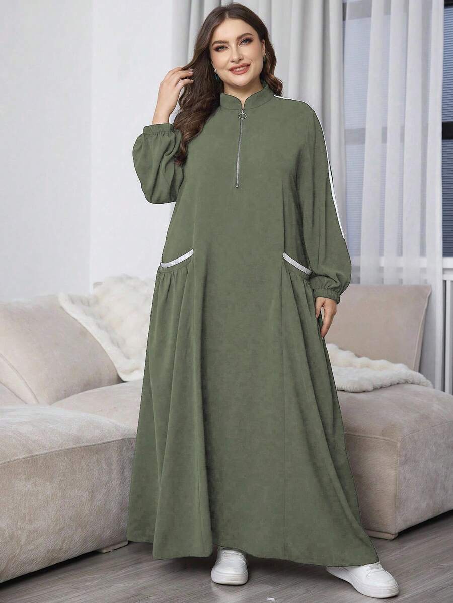 Al Najma 新款女式加大码休闲精致大口袋拉链舒适宽松黑色连衣裙，端庄休闲束腰连衣裙，适合日常休闲/居家/运动超长女装 - 綠色 - 查看 1