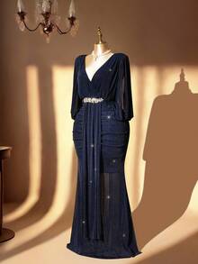 Rometta 大码女式高弹力闪亮面料法式设计修身优雅收腰性感长裙，适合秋冬季、返校、毕业典礼、节日、情人节、圣诞节、音乐节、母亲节、万圣节、感恩节、复活节、国庆节、舞会、约会、派对、婚礼、郊游 - 藏蓝色 - 查看 9