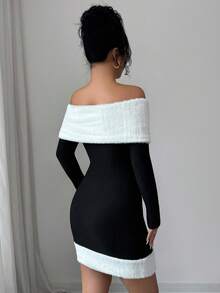 Modelyn Elegant Off Shoulder Knitted Fuzzy Color Block Mini Dress For Party, Autumn/Winter - Black and White - View 3