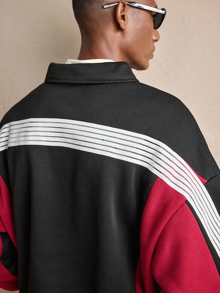 Moletom Casual Masculino de Ajuste Folgado com Estampa de Letra e Listras, Manga Longa com Ombros Caídos, Outono/Inverno, Natal, Glamour de Ano Novo