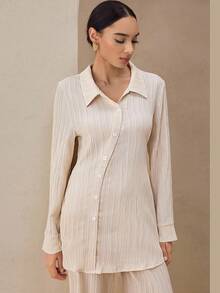 Graceveil 2 件女式杏色纹理不对称纽扣设计长袖衬衫和宽松长裤套装，秋冬 - 杏色 - 查看 1