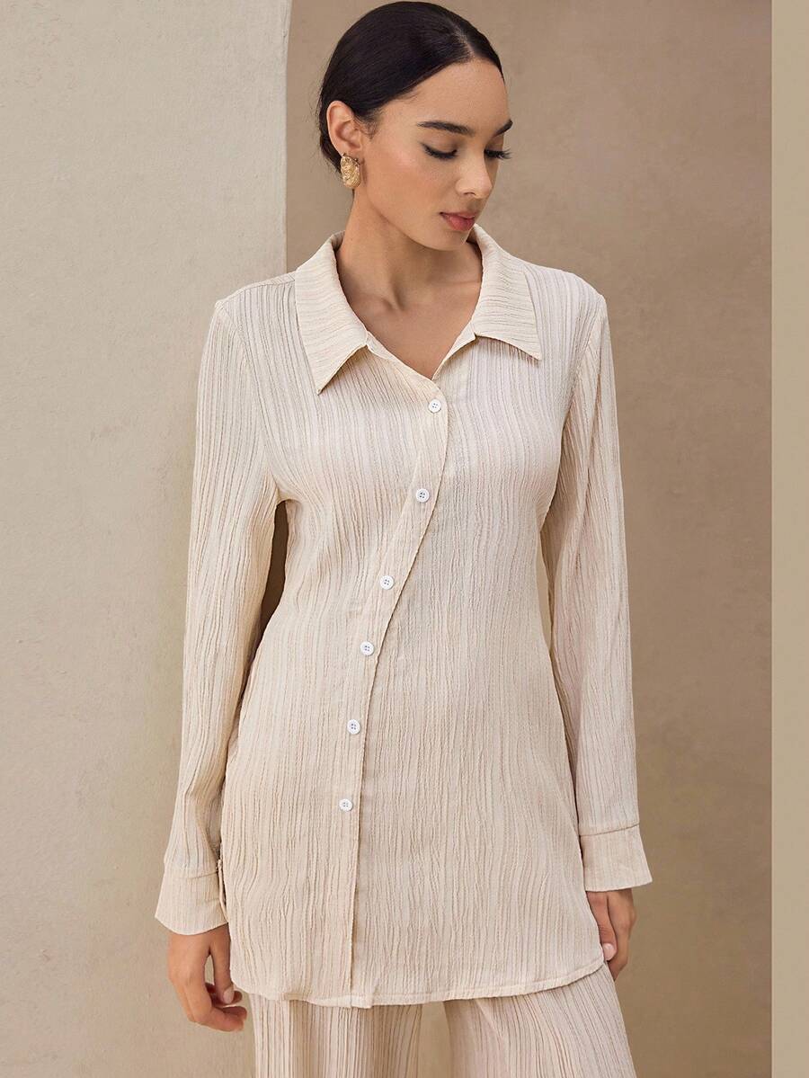 Graceveil 2 件女式杏色纹理不对称纽扣设计长袖衬衫和宽松长裤套装，秋冬 - 杏色 - 查看 1