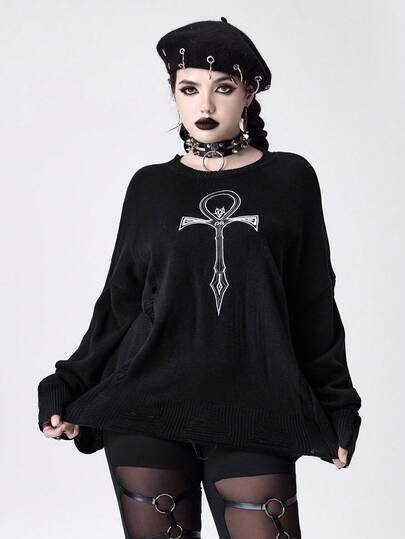 Goth Pull oversize délavé avec broderie croix ankh gothique pour femmes