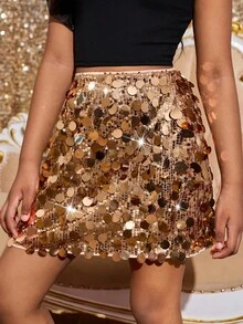 SHEIN Tween Girls Shiny Gold Sequin Mini Skirt, Suitable For Evening Parties, Ceremonies, Gatherings - Gold - View 1