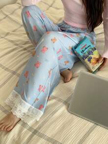 DAZY Pantalones de pijama holgados con estampado de oso en patchwork para mujer