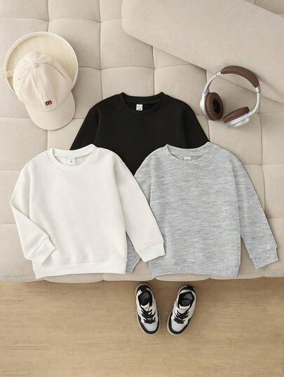 SHEIN Playful Pals 3 件套休闲百搭黑白灰色长袖圆领运动衫，适合幼儿男孩，基本款套头衫，秋冬，男婴服装，男女通用黑白灰色女婴套头衫