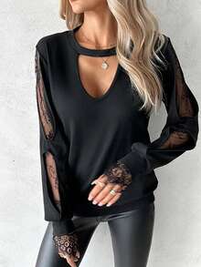 INAWLY 大码女式纯色蕾丝拼接镂空 T 恤