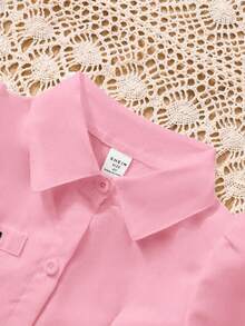 Abito camicia casual con maniche a sbuffo e orlo plissettato per ragazze giovani - Rosa - Visualizzare 3