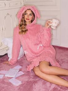 SweetSlumber SweetSlumber Plush Loose Fit Casual Dress For Women, Autumn/Winter Cute Lounge Set Bunny Hoodie Lounge Set Pink Fluffy Lounge Set Fluffy Pjs Pink Sleepwear Cute Sleep Wear Women Pink Lounge Set, Fall Winter, Cozy Outfit